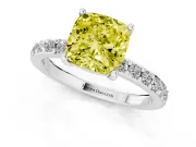 Fancy Yellow Cushion Cut Diamond Solitaire Set in Silver with Round Pavé Band and Prong Setting