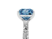 Fancy Blue Princess Cut Diamond Solitaire Set in Silver with Side Baguettes and Channel Set Band