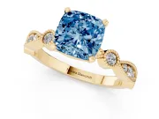 Fancy Blue Cushion Cut Diamond Solitaire Engagement Ring Set in Yellow gold with Milgrain Bezel Accent Band