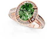 Fancy Green Oval Cut Diamond Halo Pavé Split Shank Ring Set in Rose gold with Prong Setting