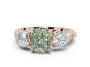 Cushion Cut Three Stone Engagement Ring Setting for a Fancy Green Lab-Grown Diamond | Tapered Pave Band | Rose Gold