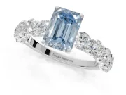 Emerald Cut Side Stone Engagement Ring Setting for a Fancy Blue Lab-Grown Diamond | Scalloped Prong Accents | Platinum
