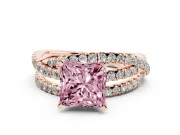 Fancy Pink Princess Cut Diamond Solitaire Twist Band Ring Set in Rose gold with Pavé Setting and Prong Head