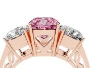Fancy Pink Cushion Cut Diamond Three-Stone Ring Set in Rose gold with Textured Band