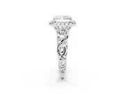 Radiant Cut Diamond Halo Ring Set in Platinum with Scrollwork Band and Prong Setting