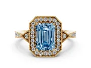 Fancy Blue Emerald Cut Diamond Halo Engagement Ring Set in Yellow gold with Milgrain Pavé Band