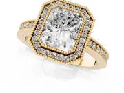 Radiant Cut Milgrain Halo Engagement Ring Setting | Pave Band | Yellow Gold