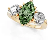 Fancy Green Marquise Cut Diamond Three-Stone Ring Set in Yellow gold with Prong Setting and Classic Band