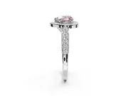 Fancy Pink Heart-Shaped Lab-Grown Diamond Milgrain Halo Solitaire Ring Set in White Gold with Bezel Set Side Stones and Pavé Band