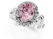 Fancy Pink Oval Cut Diamond Halo Ring Set in Platinum with Scrollwork Band and Prong Setting