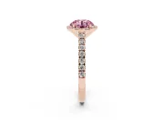 Fancy Pink Round Cut Diamond Halo Engagement Ring Set in Rose gold with Pavé Band and Prong Setting