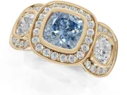 Cushion Cut Three Stone Halo Engagement Ring Setting for a Fancy Blue Lab-Grown Diamond | Bezel Set | Yellow Gold