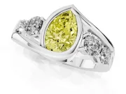 Fancy Yellow Pear Cut Diamond Bezel Bypass Ring Set in White gold with Round Accents