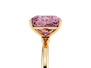 Fancy Pink Radiant Cut Diamond Solitaire Engagement Ring Set in Yellow gold with Thin Band and Prong Setting