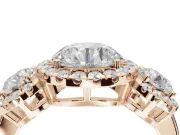 Round Three Stone Halo Engagement Ring Setting | Haloed Side Stones | Rose Gold
