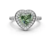 Fancy Green Heart-Shaped Lab-Grown Diamond Milgrain Halo Solitaire Ring Set in Sterling Silver with Bezel Set Side Stones and Pavé Band
