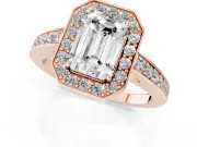 Emerald Cut Diamond Halo Pavé Engagement Ring Set in Rose gold with Bezel Setting
