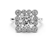 Cushion Cut Vintage Milgrain Bezel Cluster Halo Engagement Ring Setting | Plain Band | White Gold