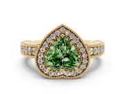 Fancy Green Heart Cut Diamond Halo Ring Set in Yellow gold with Round Accent Halo, Pavé Band and Prong Setting