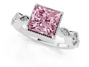 Fancy Pink Princess Cut Diamond Vintage-Inspired Milgrain Ring Set in Platinum with Marquise Stations of Round Accents