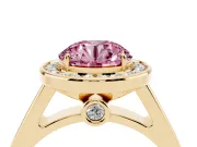 Fancy Pink Round Cut Diamond Halo Solitaire Ring Set in Yellow gold with Pavé Band and Bezel Setting