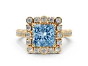 Fancy Blue Princess Cut Diamond Halo Milgrain Pavé Ring Set in Yellow gold with Prong Setting