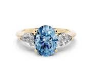 Oval Three-Stone Ring Setting for a Fancy Blue Lab-Grown Diamond | Pear Side Stones | Yellow Gold
