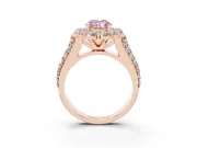 Fancy Pink Oval Cut Diamond Halo Engagement Ring Set in Rose gold with Split Shank and Prong Setting