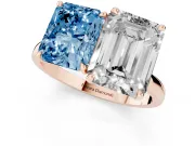 Fancy Blue Radiant Cut and Emerald Cut Toi Moi Ring Set in Rose gold with Prong Setting