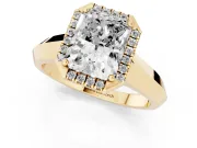 Radiant Cut Diamond Halo Ring Set in Yellow gold with Cathedral Band and Prong Setting
