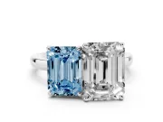 Fancy Blue Emerald Cut and Emerald Cut Toi Moi Ring Set in Silver with Prong Setting