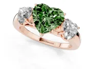 Fancy Green Heart Cut Diamond Three-Stone Ring Set in Rose gold with Bold Center and Classic Band