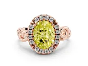 Fancy Yellow Oval Cut Diamond Halo Ring Set in Rose gold with Scrollwork Band and Prong Setting