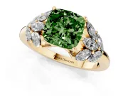 Fancy Green Cushion Cut Diamond Cluster Leaf Design Ring Set in Yellow gold with Prong Setting