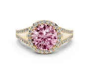 Round Halo Engagement Ring Setting for a Fancy Pink Lab-Grown Diamond | Pave Split Shank | Yellow Gold