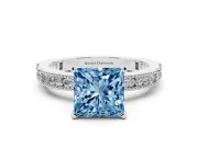 Fancy Blue Princess Cut Diamond Solitaire Ring Set in Silver with Slim Pavé Band and Prong Setting