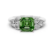 Fancy Green Asscher Cut Diamond Cluster Ring Set in Platinum with Round Accent Stones and Prong Setting on a Plain Band