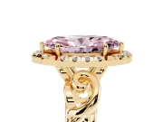 Fancy Pink Marquise Cut Diamond Halo Ring Set in Yellow gold with Scrollwork Band and Prong Setting