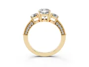 Cushion Cut Diamond Three-Stone Ring Set in Yellow gold with Round Side Stones and Pavé Band