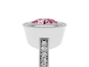Fancy Pink Round Cut Diamond Halo Engagement Ring Set in White gold with Pavé Band and Round Halo Stones