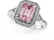 Fancy Pink Emerald Cut Diamond Halo Engagement Ring Set in White gold with Milgrain Pavé Band