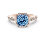 Fancy Blue Cushion Cut Diamond Halo Engagement Ring Set in Rose gold with Pavé Band and Prong Setting