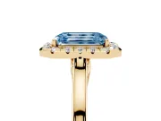 Fancy Blue Emerald Cut Halo Round Diamond Solitaire Ring Set in Yellow gold with Pavé Band and Prong Setting