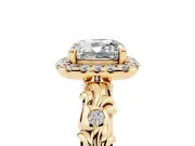 Cushion Cut Filigree Leaf Halo Engagement Ring Setting | Bezel Leaf Accents | Yellow Gold