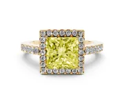 Fancy Yellow Princess Cut Diamond Halo Pavé Solitaire Ring Set in Yellow gold with Prong-Set Center Stone