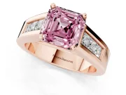 Fancy Pink Asscher Cut Diamond Solitaire Ring Set in Rose gold with Channel-Set Accent Stones and Prong Setting