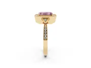 Fancy Pink Emerald Cut Diamond Halo Engagement Ring Set in Yellow gold with Milgrain Pavé Band