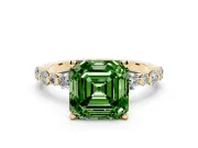 Fancy Green Asscher Cut Diamond Prong Set Engagement Ring Set in Yellow gold with Round Accent Pavé Band