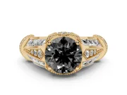 Fancy Black Round Cut Diamond Vintage-Inspired Milgrain Ring Set in Yellow gold with Accent Split Shank