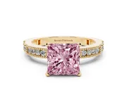 Fancy Pink Princess Cut Diamond Solitaire Ring Set in Yellow gold with Slim Pavé Band and Prong Setting